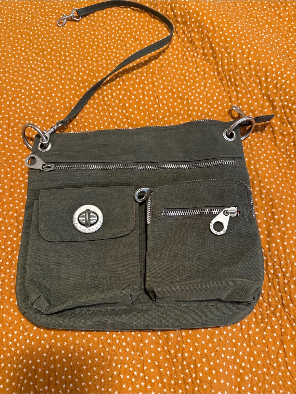 Baggallini Olive Crossbody with Front Pockets and Silver Hardware